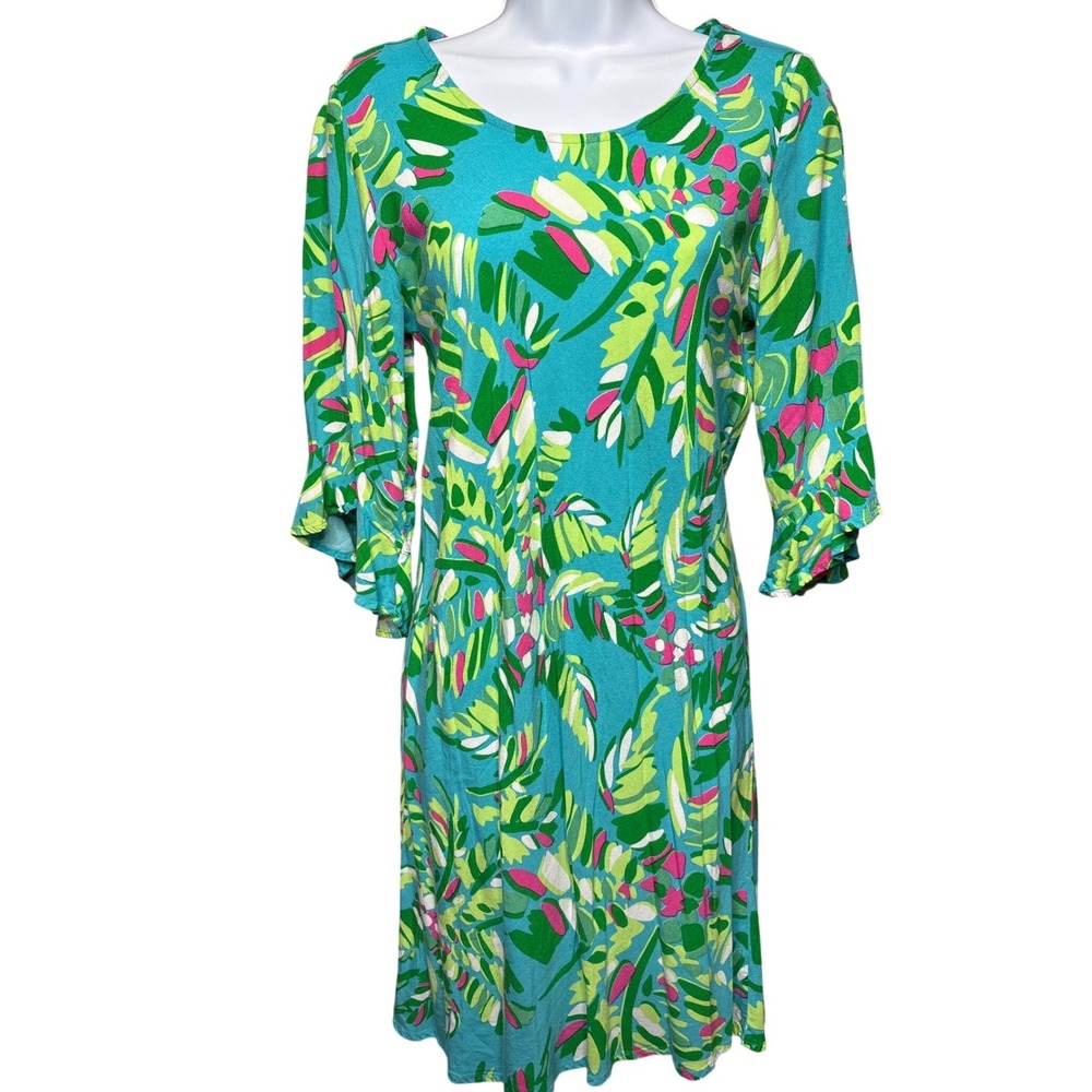 ESCAPADA LIVING Teal Tropical Palm Shift Dress S Bell Sleeve Preppy Coastal Bold